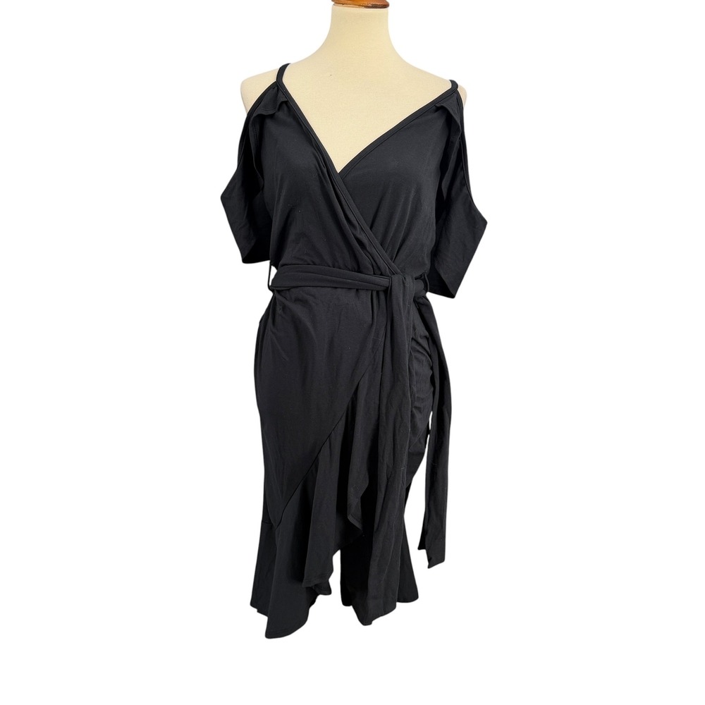 GO Couture Dress Size Large Black Flutter Sleeve Faux Wrap Ruffle Hem Tie Waist